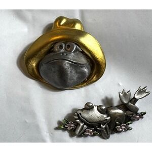 Vtg JJ Jonette Jewelry Silver  Pewter Tone Frog Pin Brooch Lot Whimsical Fairy